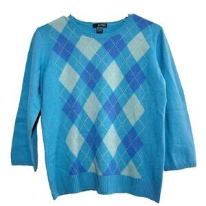 Griffen Cashmere Sweater Argyle Pattern Long Sleeve Crewneck Pullover Blue Large